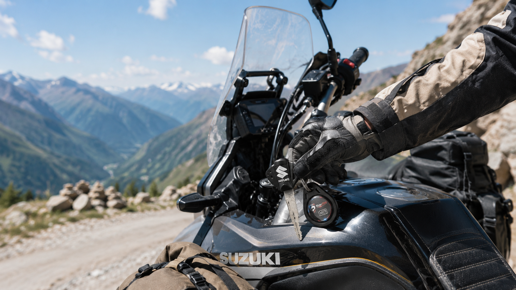 Rider holding motorcycle keys fitted with a RiderSOS Key Tag beside a mountain road