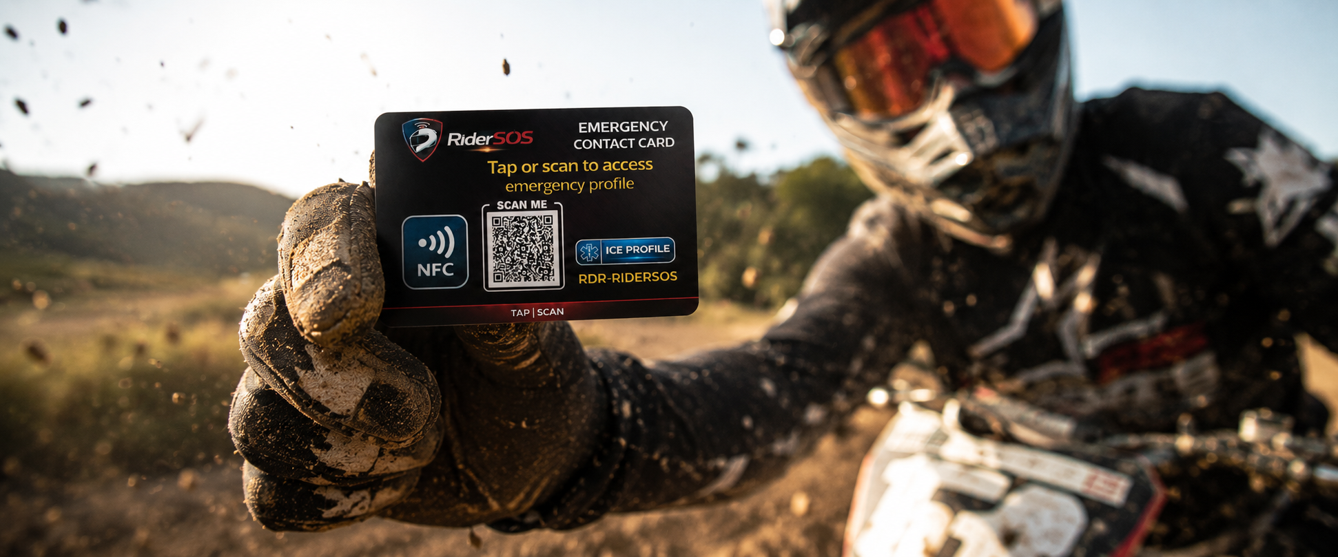 Off-road rider holding a RiderSOS Emergency NFC Card after a muddy ride
