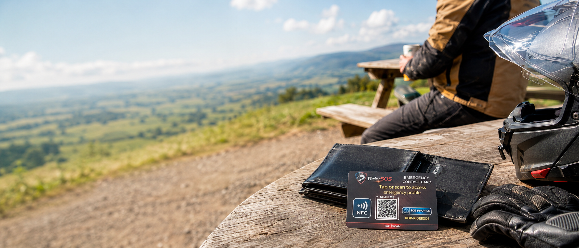 Motorcyclist taking a break at a mountain overlook with a RiderSOS Emergency NFC Card resting on a wallet