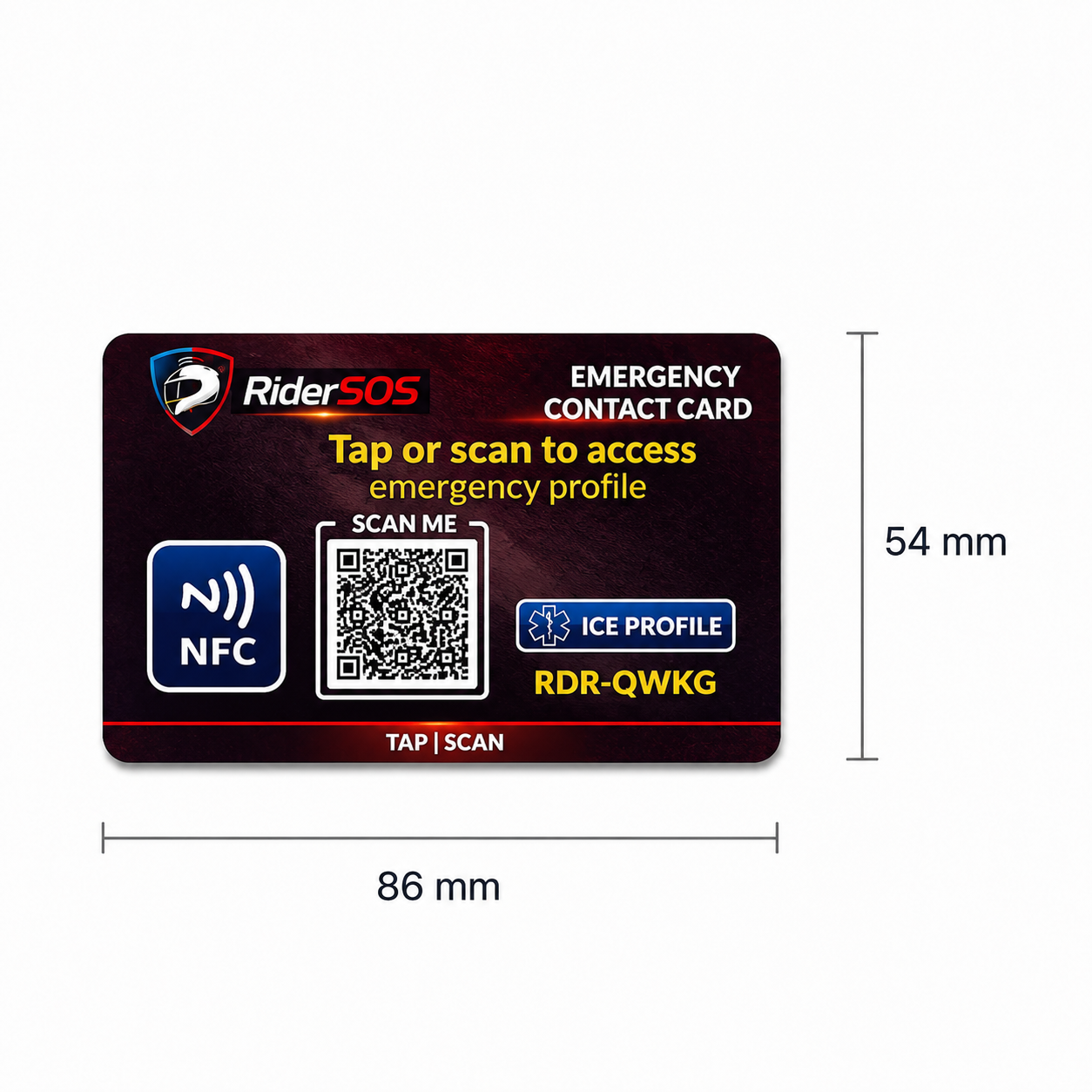 RiderSOS Emergency NFC Card size detail