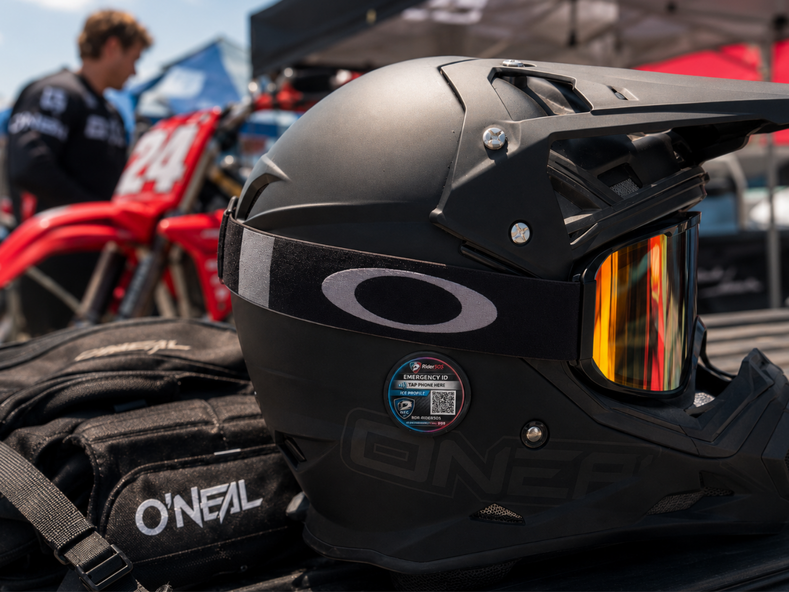 Helmet Tag fitted to a motorcycle helmet