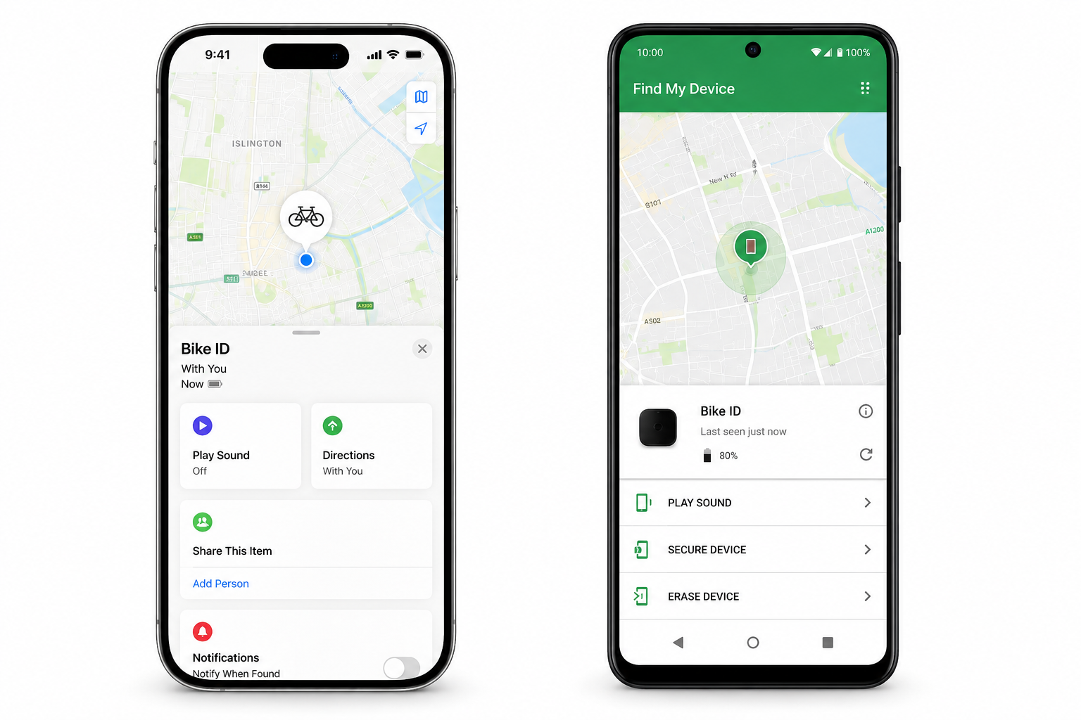RiderSOS Bike ID shown in Apple Find My and Google Find My Device on smartphones