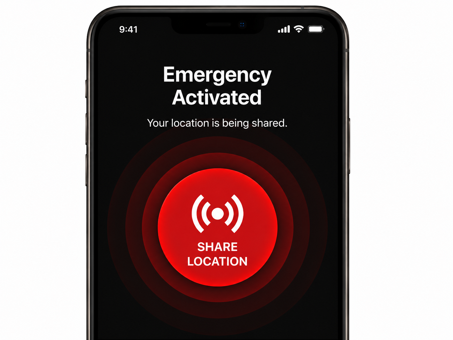 Phone screen showing Emergency Activated with a Share Location button
