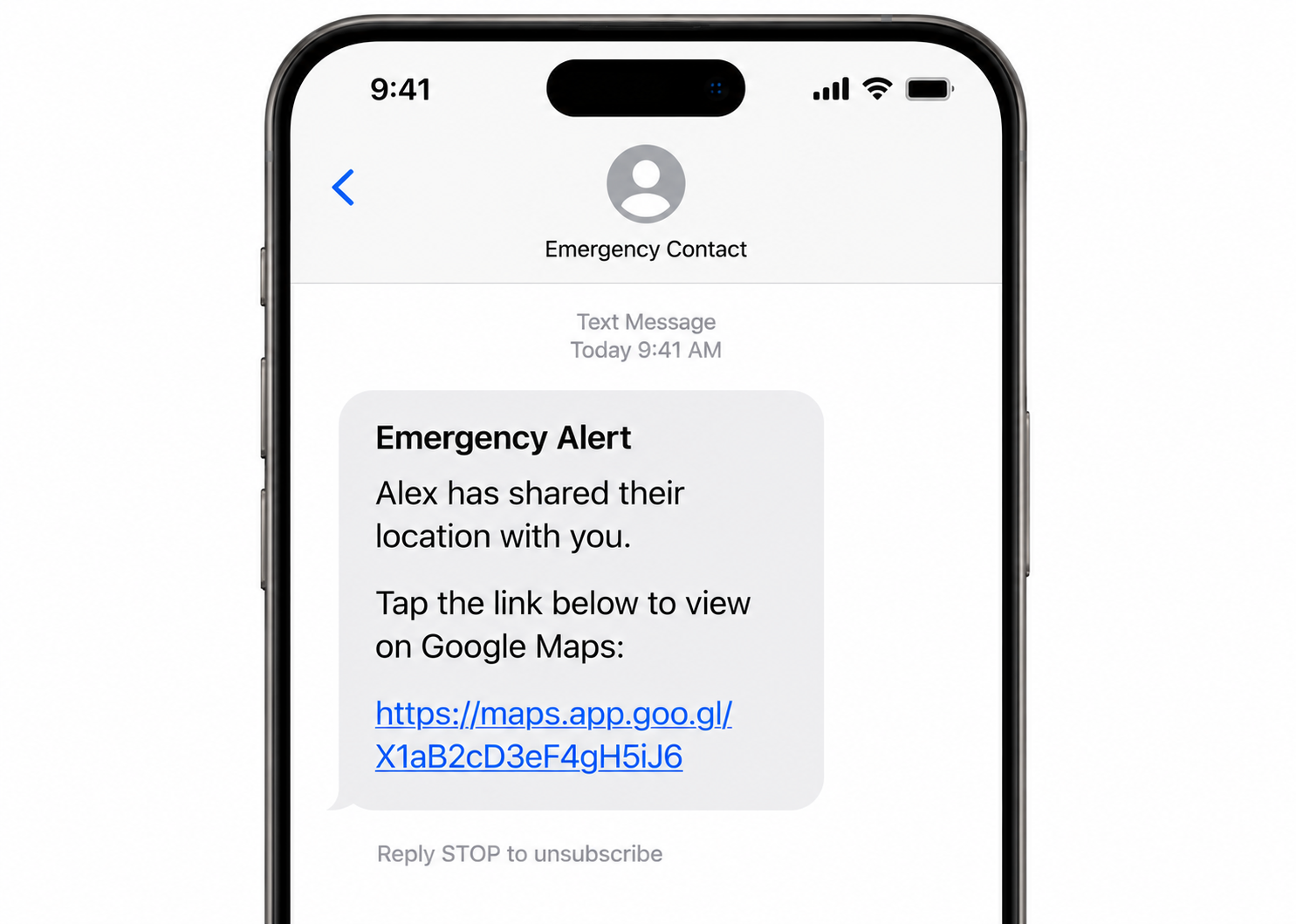 Text message alert telling an emergency contact that a location has been shared