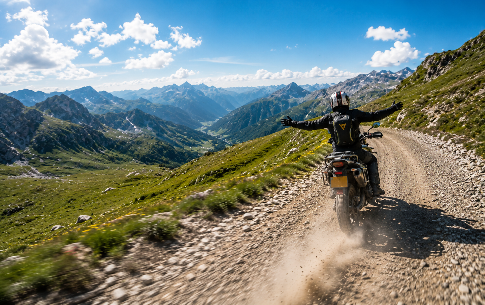 Motorcyclist riding a mountain road on a group tour