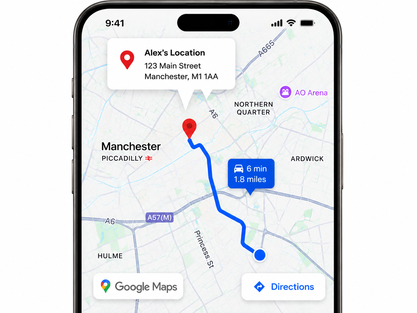 Google Maps view showing the rider's shared location and directions