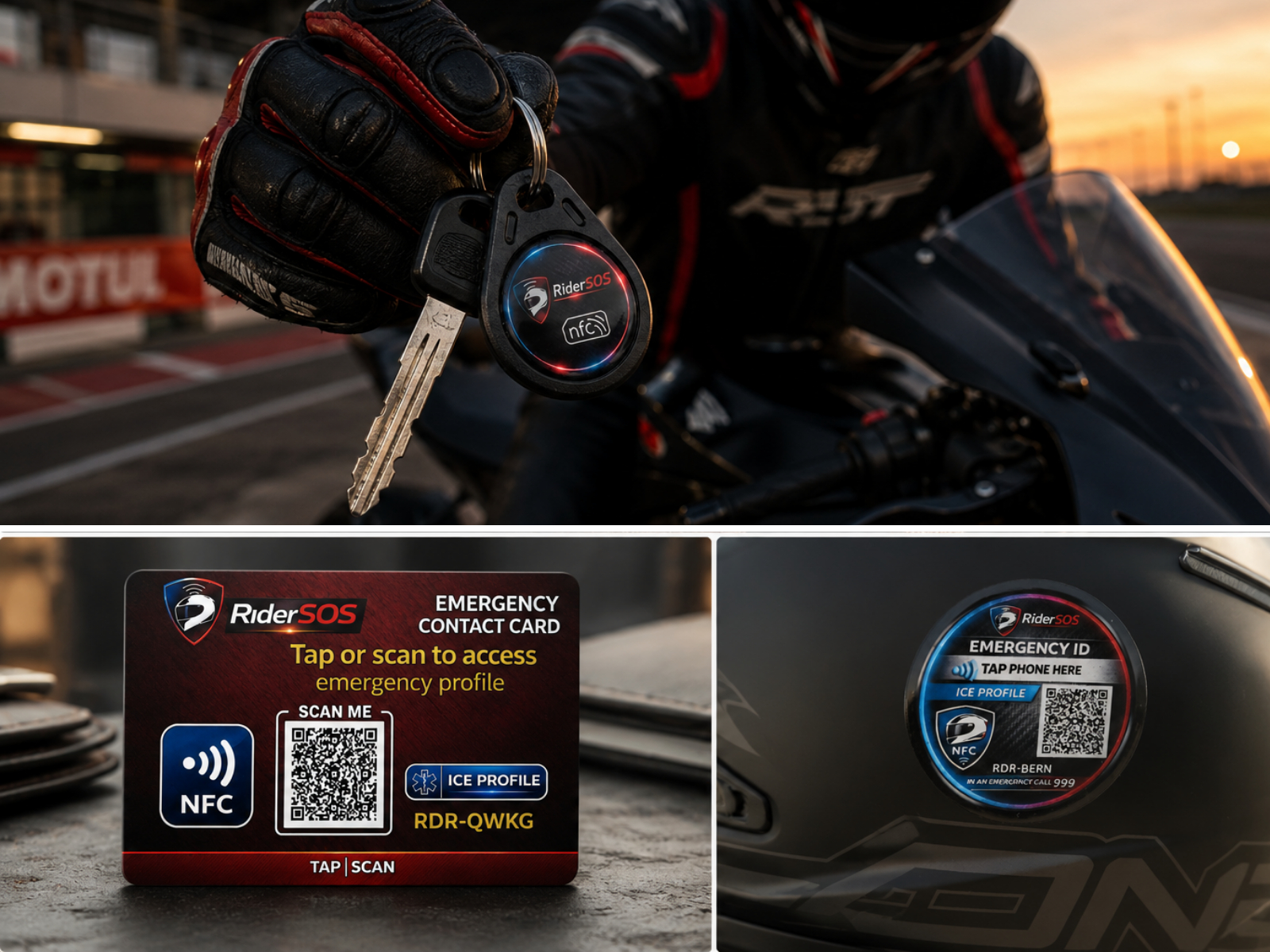 Racing rider with RiderSOS Key Tag, Emergency Card and Helmet Tag