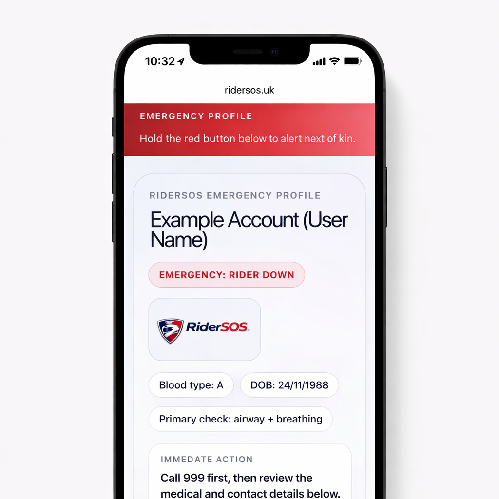 RiderSOS emergency profile displayed on a phone