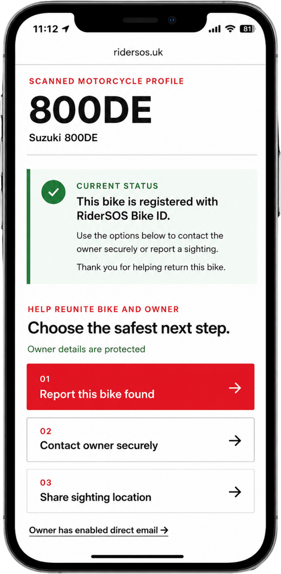 RiderSOS scanned motorcycle Bike ID profile displayed on a phone