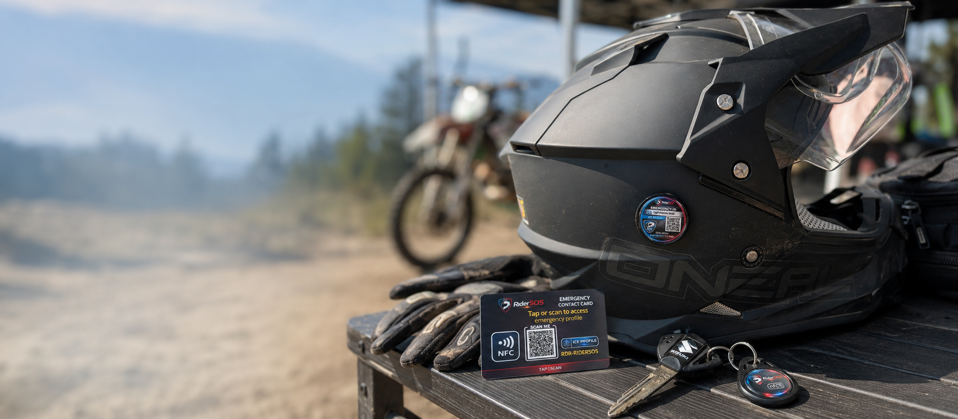 RiderSOS Helmet Tag, Key Tag and Emergency Card together at a motorcycle track