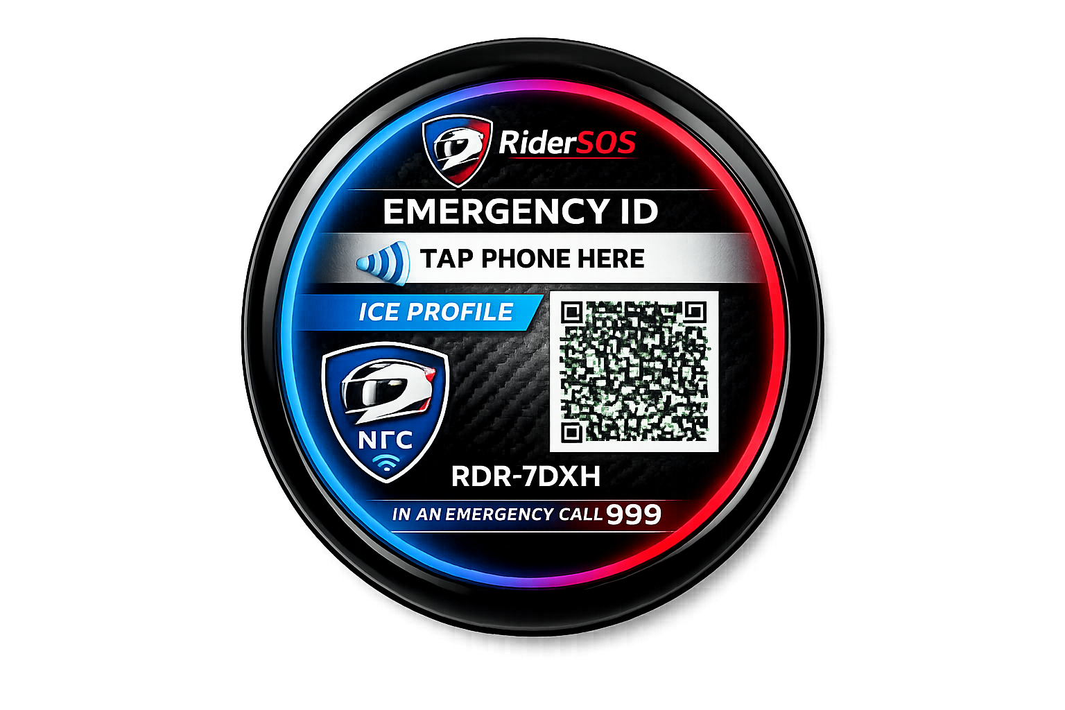 RiderSOS Helmet Tag fitted to a motorcycle helmet