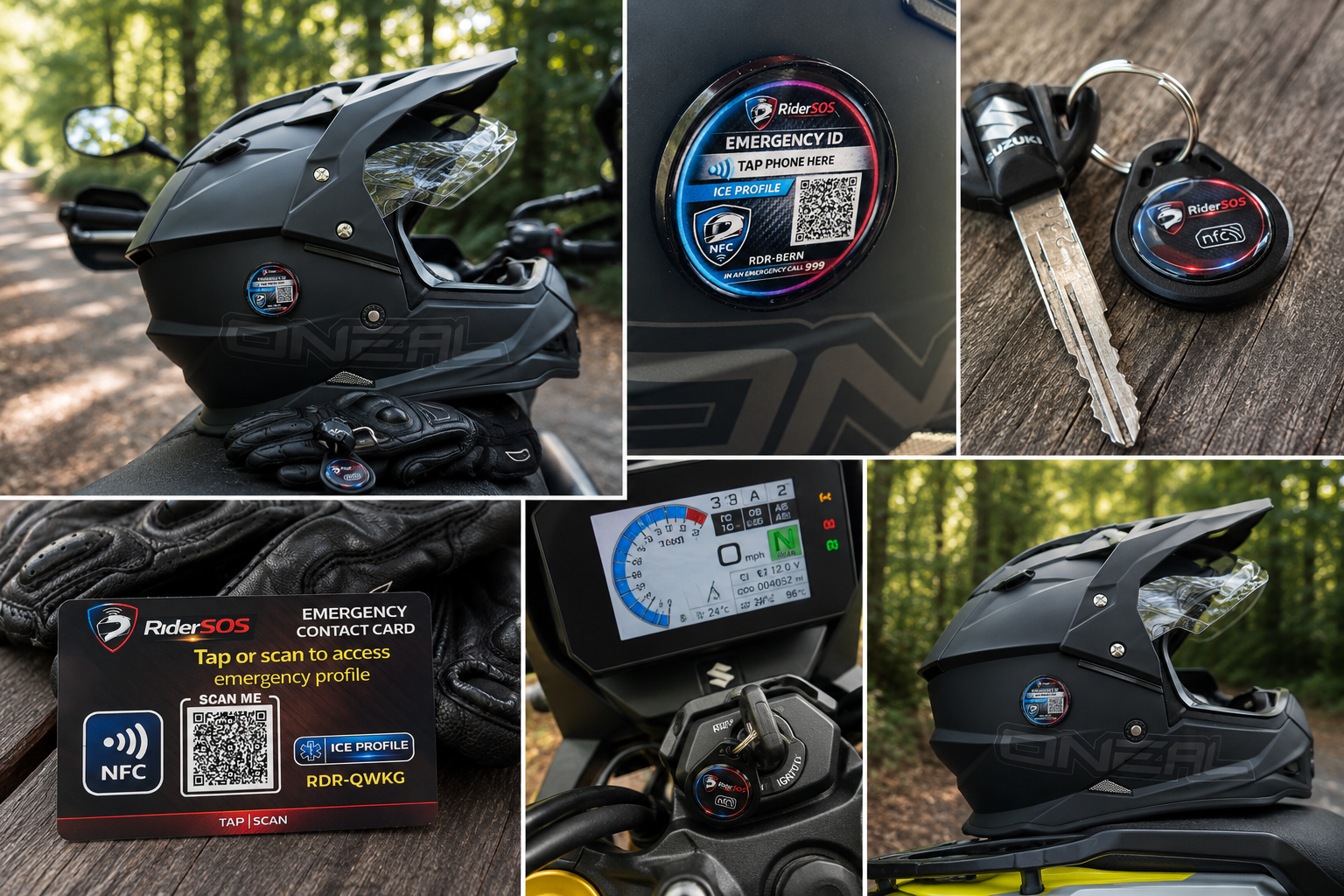 RiderSOS Helmet Tag, Key Tag and Emergency Card shown fitted and in use from multiple angles