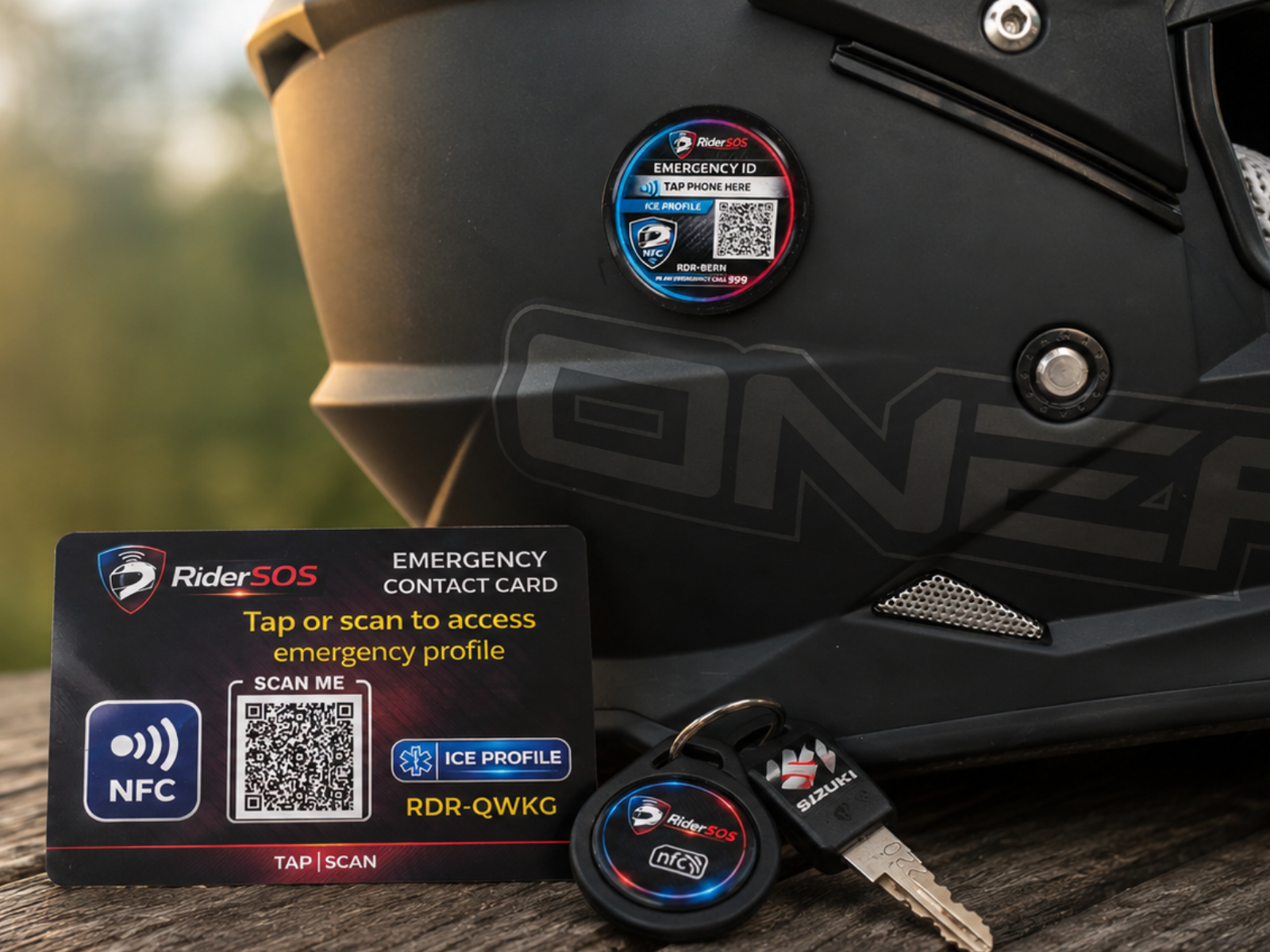 RiderSOS helmet tag, key tag and emergency card laid out with a set of keys
