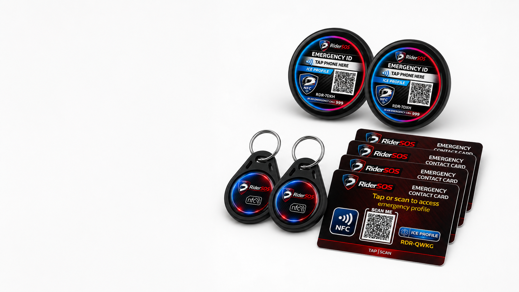 RiderSOS helmet tags, key tags and emergency contact cards laid out together