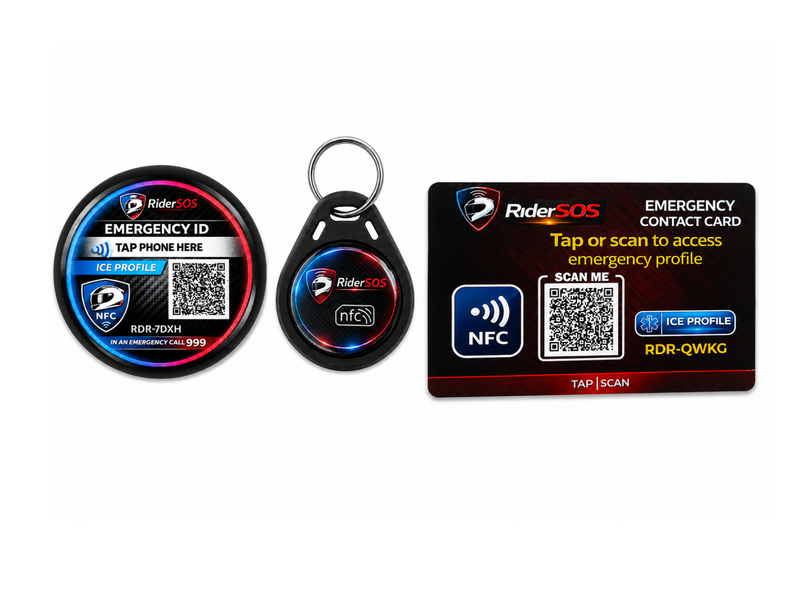 RiderSOS emergency ID key tag and emergency contact card together