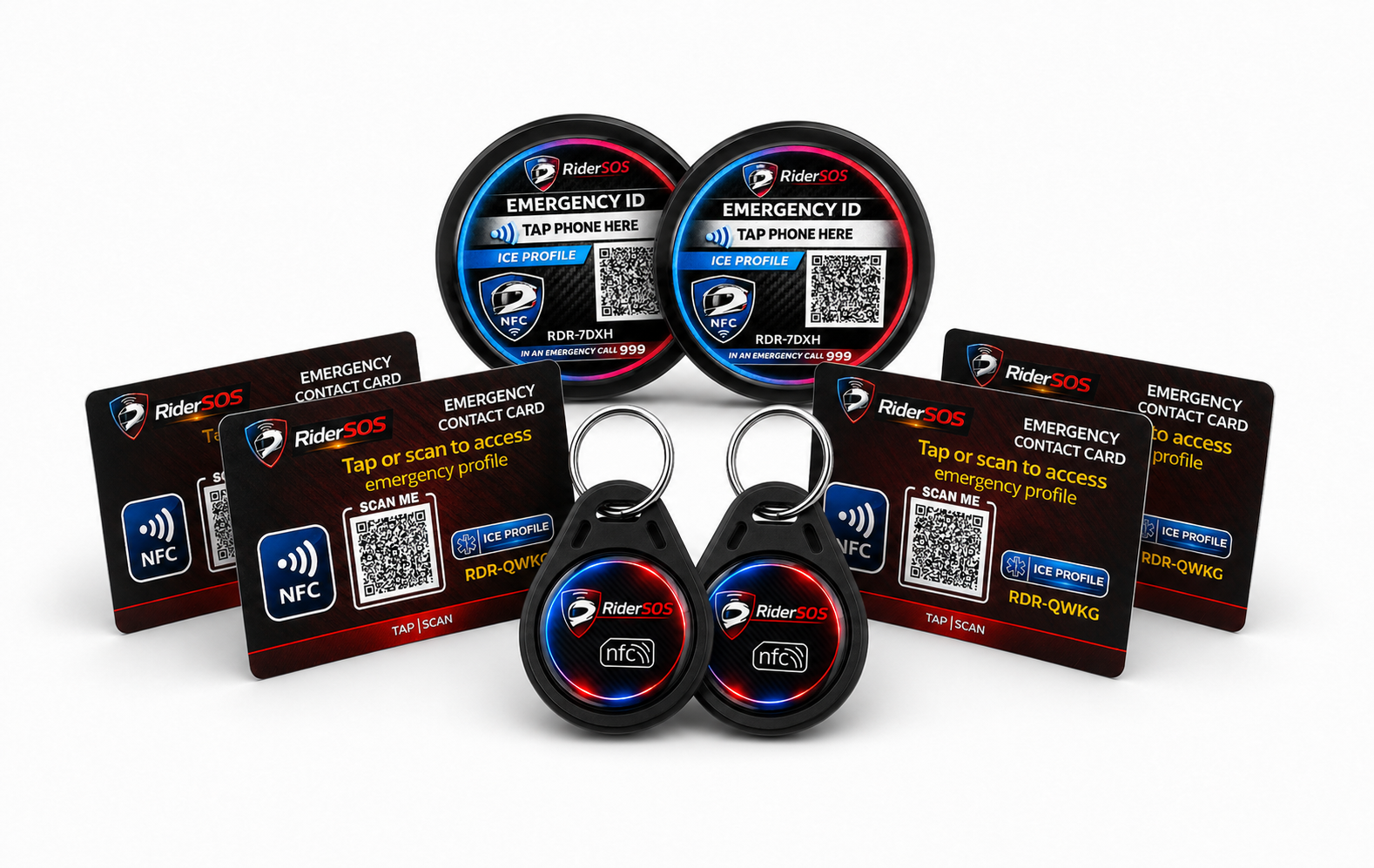 The full RiderSOS Family Pack: two Helmet Tags, two Key Tags and four Emergency Cards