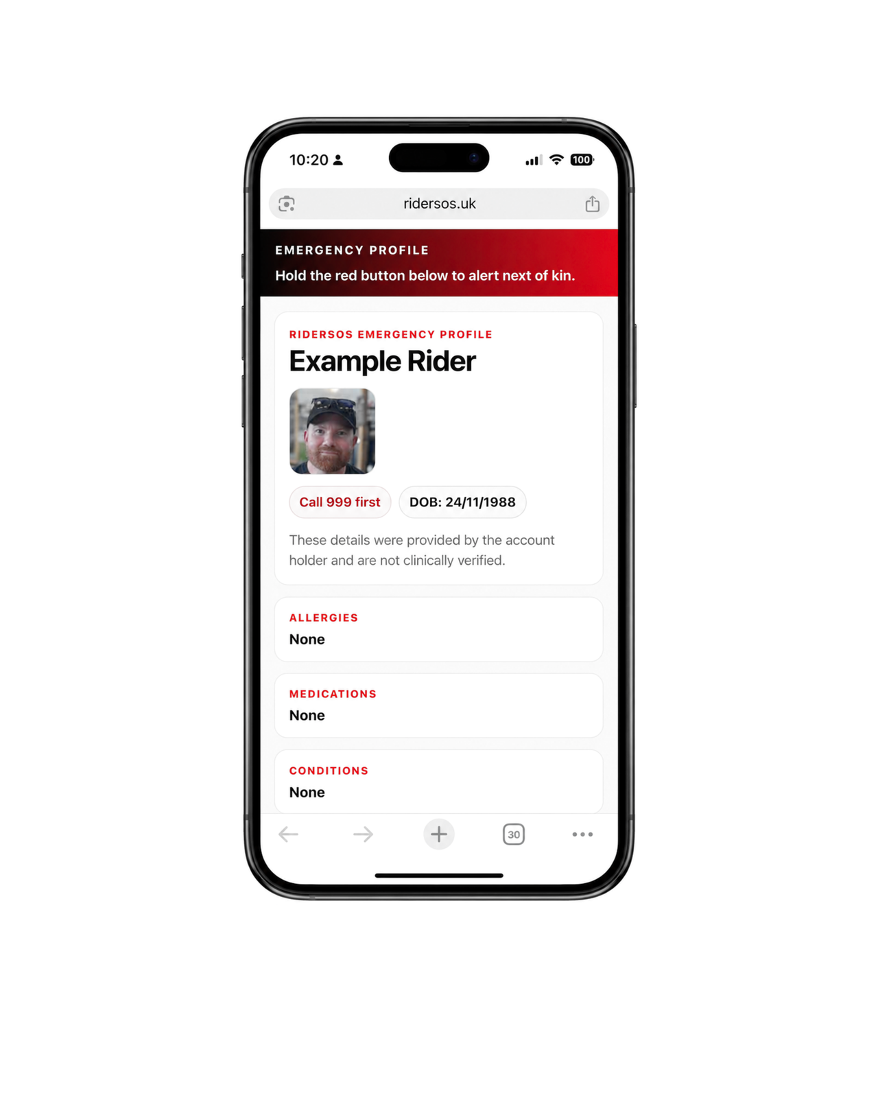RiderSOS emergency profile displayed clearly on an iPhone