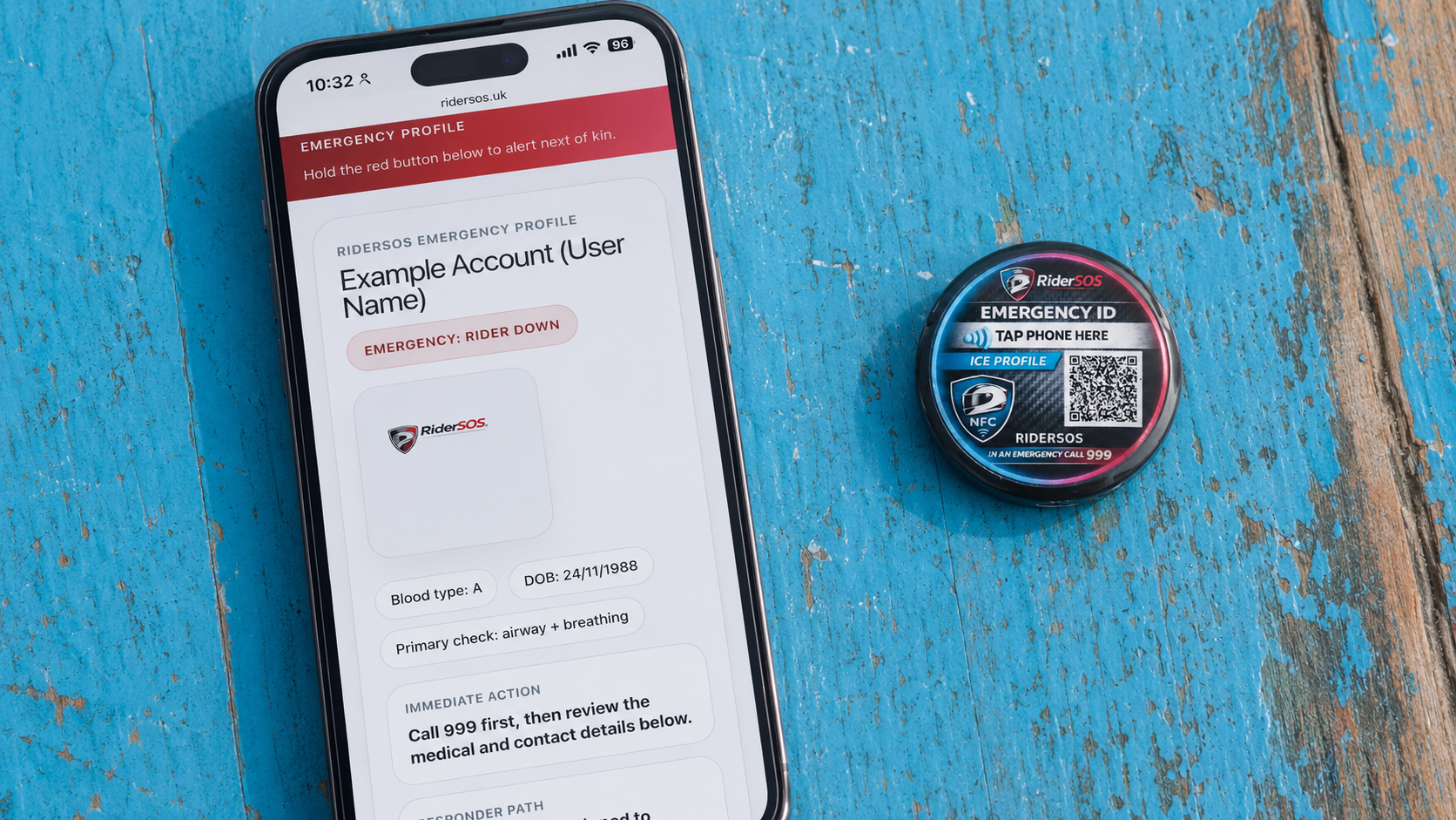 RiderSOS emergency profile page open on a phone next to a helmet tag