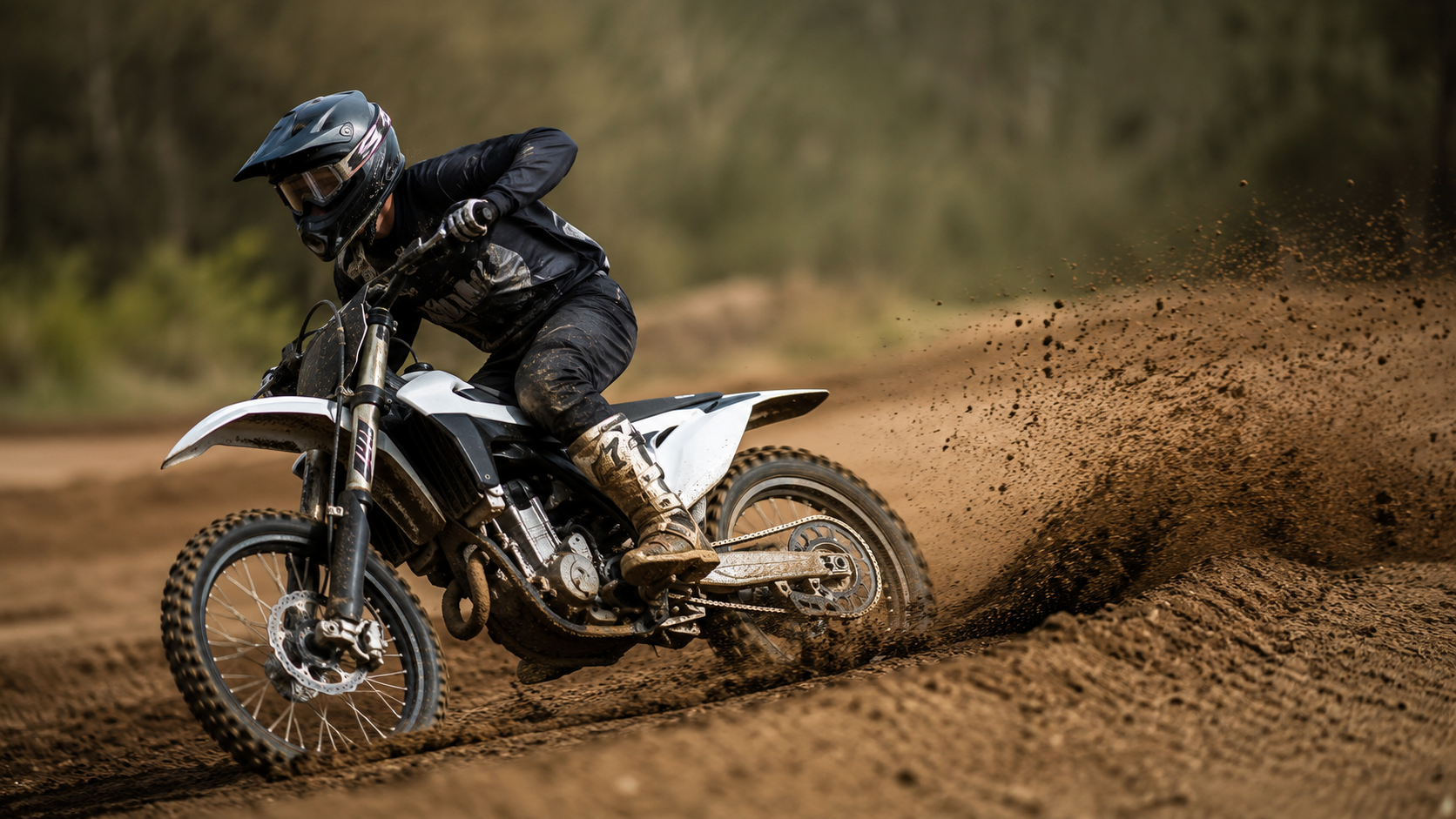 Motocross rider tearing through a muddy track