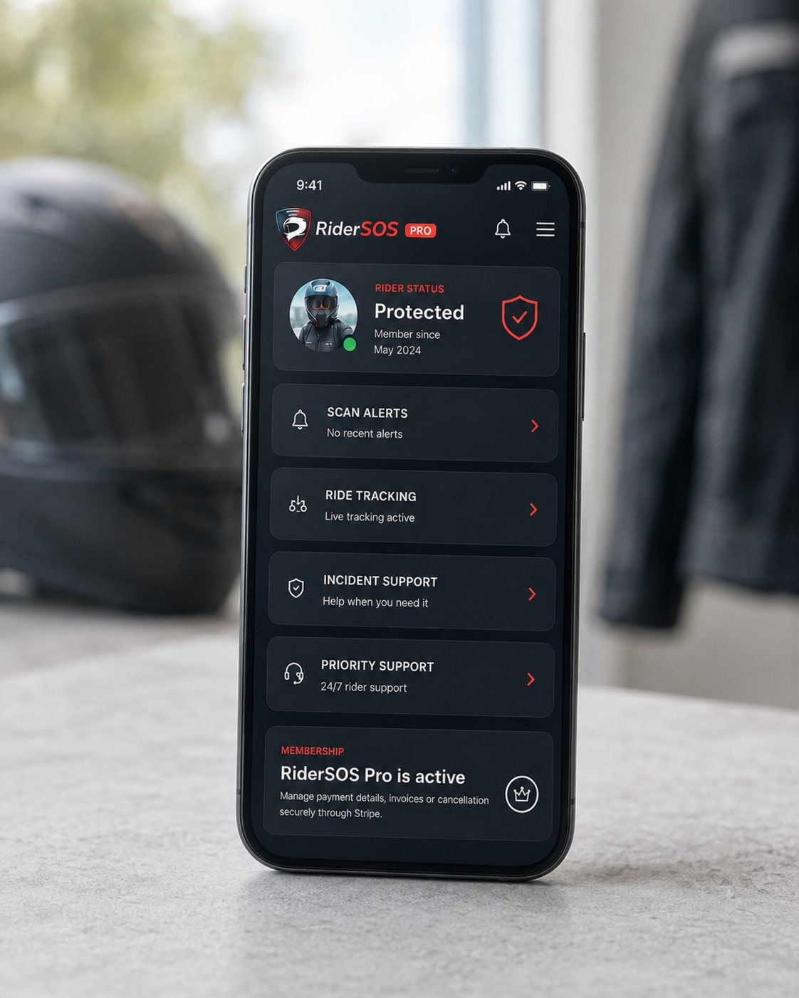 RiderSOS Pro membership dashboard on a phone