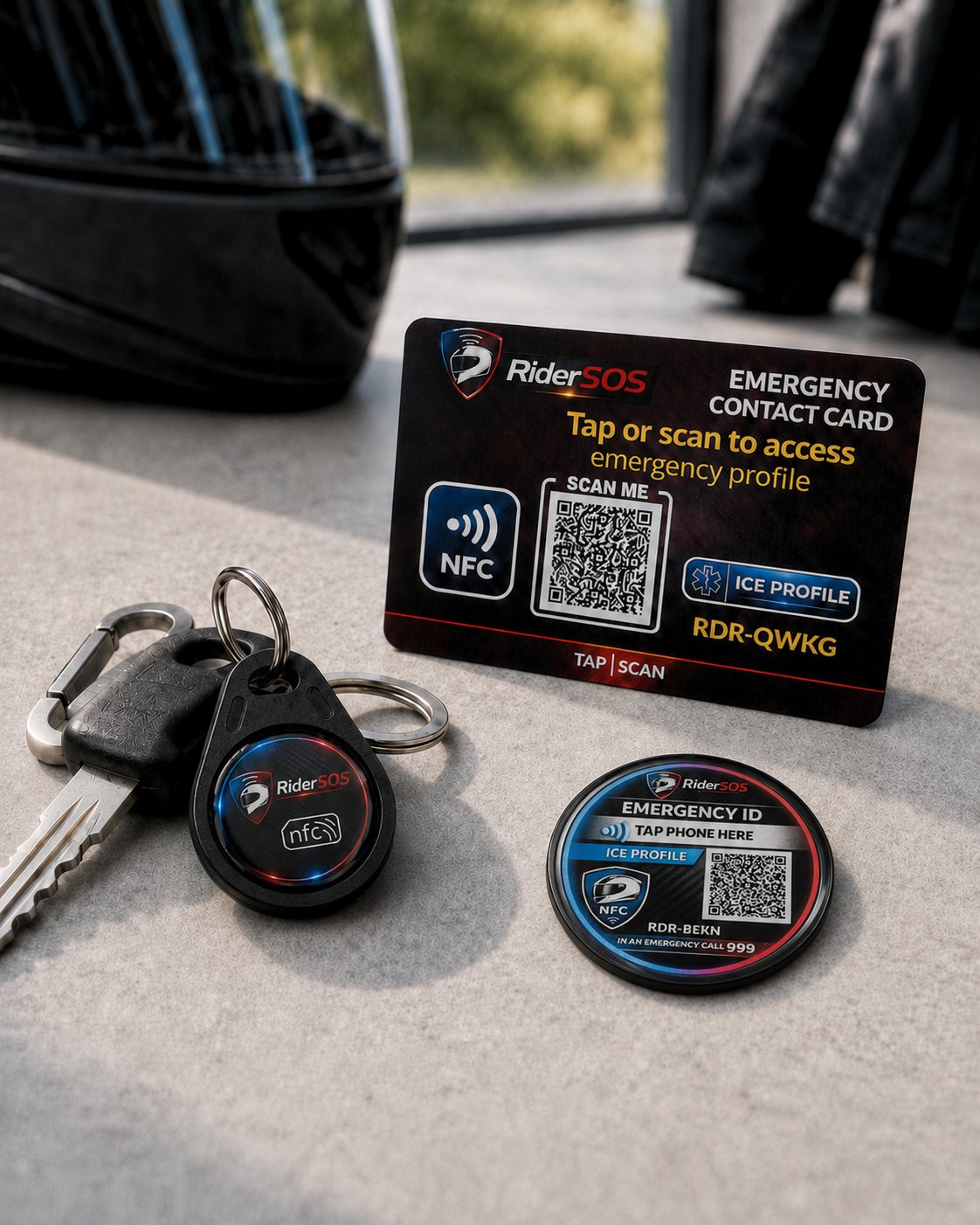 RiderSOS Individual Protection Kit showing the Key Tag, Emergency Card and Helmet Tag